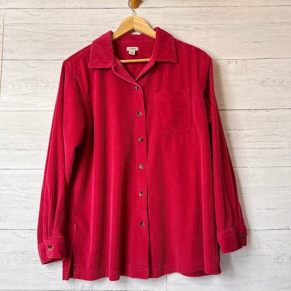 L.L. Bean Shacket Womens Size Medium Hot Pink Corduroy Button Down Cotton Fall - Picture 1 of 16